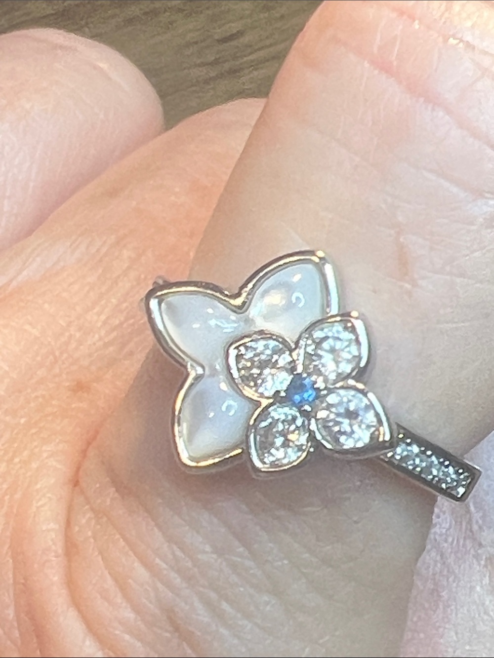 Silver White Flower Ring with Crystal Accents